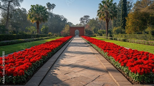 Fototapeta Naklejka Na Ścianę i Meble -  Red Flower Garden Pathway in Sunny Garden