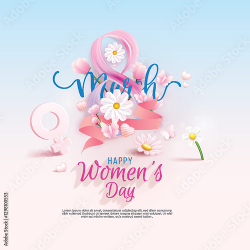 Womens Day greeting card design featuring a ribbon-styled number 8, daisies, tulips, and pink butterflies. Elegant typography stands out against a soft gradient background.