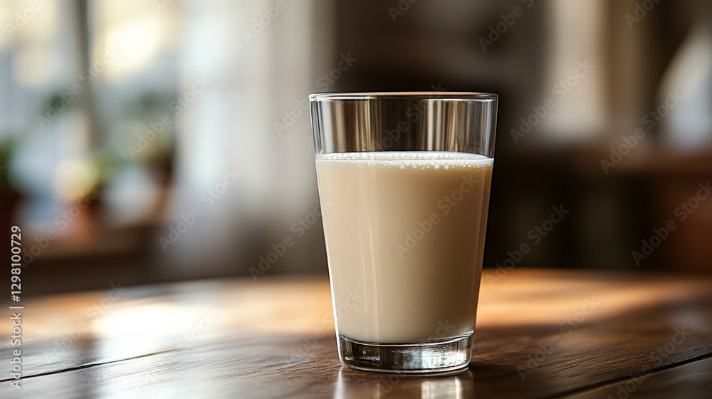 A glass of creamy white milk sits on a wooden table, fresh and non-homogenized. The modern, bright backlight creates a soft, blurred background, highlighting the purity and simplicity A glass of creamy white milk sits on a wooden table, fresh and non-homogenized. The modern, bright backlight creates a soft, blurred background, highlighting the purity and simplicity