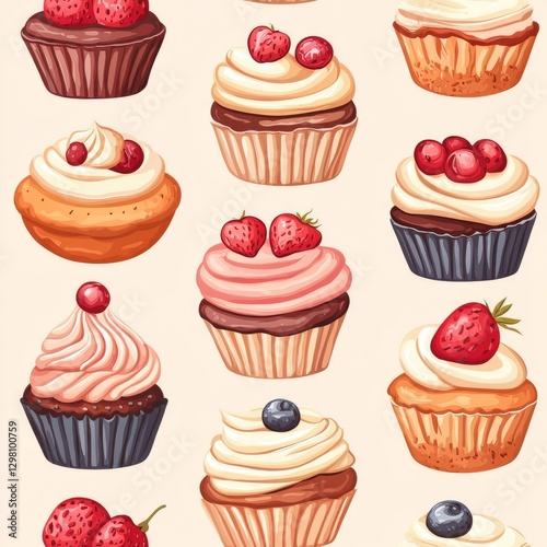 Delightful collection of colorful cupcakes with whipped cream toppings and fresh berries on a creamy background
