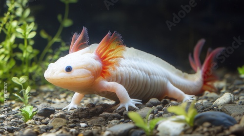 A mesmerizing close-up of a white axolotl, its vibrant orange-yellow mohawk-like tail glinting against a soft backdrop. The creature gazes gently to the right, embodying serene elegance with a captiva photo