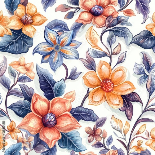 Vibrant floral pattern with colorful flowers and leaves creating an elegant and artistic design for textiles and wallpapers