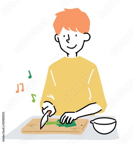 包丁で野菜を切る男性のイラスト
