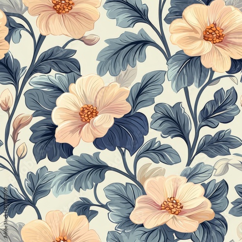 Elegant floral pattern with peach flowers and green leaves on light background for seamless design projects