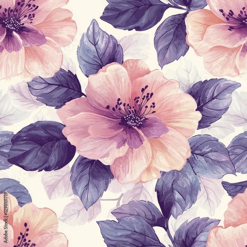 Vibrant floral pattern featuring pink and lavender flowers with leafy green background in a soft color palette