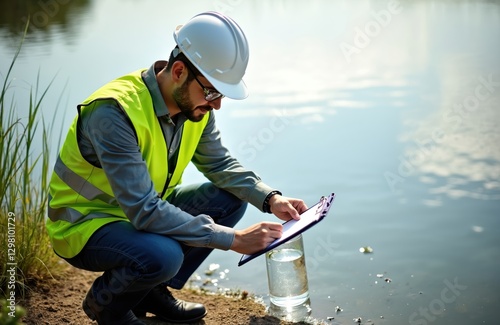 Man in workwear and helmet inspects water quality near lake. Engineer brings water to lab for testing, checks mineral content, searches contaminants sources, makes notes on clipboard. photo
