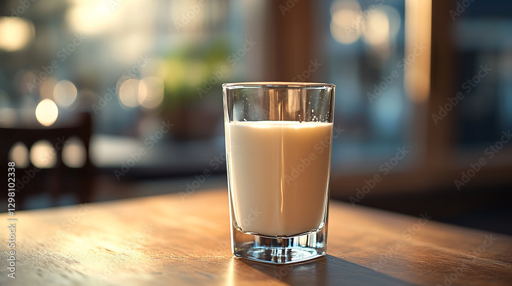 A glass of creamy white milk sits on a wooden table, fresh and non-homogenized. The modern, bright backlight creates a soft, blurred background, highlighting the purity and simplicity A glass of creamy white milk sits on a wooden table, fresh and non-homogenized. The modern, bright backlight creates a soft, blurred background, highlighting the purity and simplicity