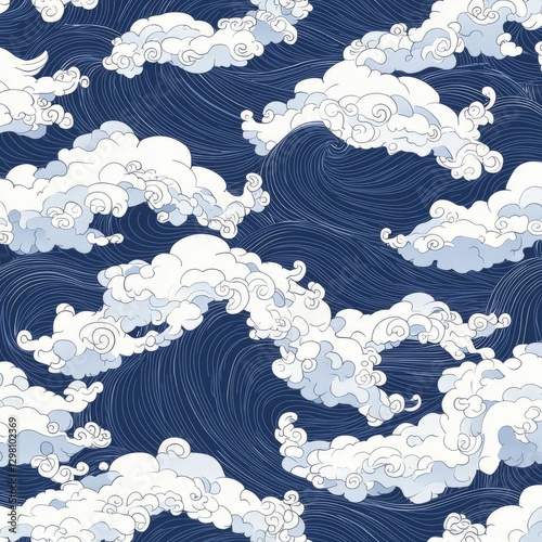 Abstract pattern of soft white clouds on a rich navy blue background with swirling lines and fluid motion