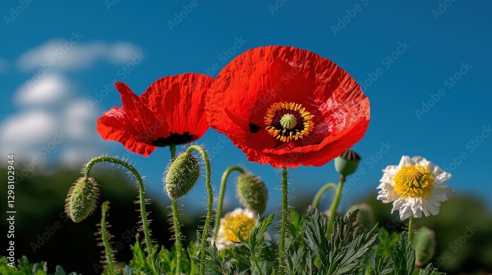 Red & White Flowers Blooming in a Field Against a Sunny Sky with Fluffy Clouds Red & White Flowers Blooming in a Field Against a Sunny Sky with Fluffy Clouds