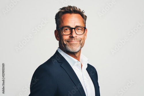 Professional man smiling in smart attire with glasses against a plain background