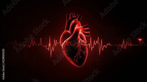 human heart shape with red cardio pulse line. Creative stylized red heart cardiogram with human heart on black background. Health, cardiology, cardiovascular diseases