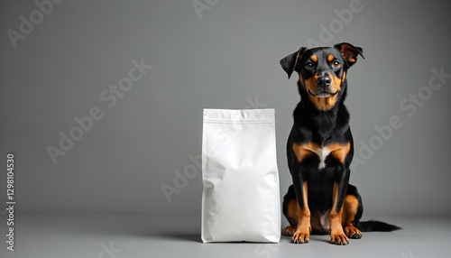 Black and tan dog sits near white blank pet food package on gray background. Domestic animal with dark coat poses next to product mockup. Dry food for dogs and cats.