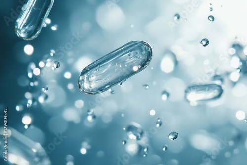 Fish oil capsules suspended in mid-air, ice-blue droplets refracting their liquid gold cores in a cinematic macro shot.