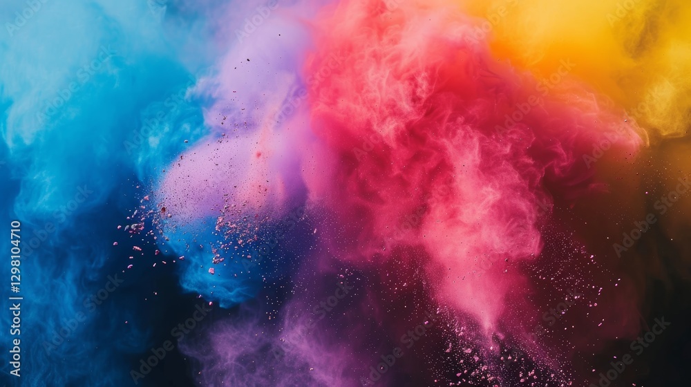 Fototapeta premium Colored powder explosion, A colorful, multi-colored background with a lot of small dots. The background is a mix of blue, red, and yellow
