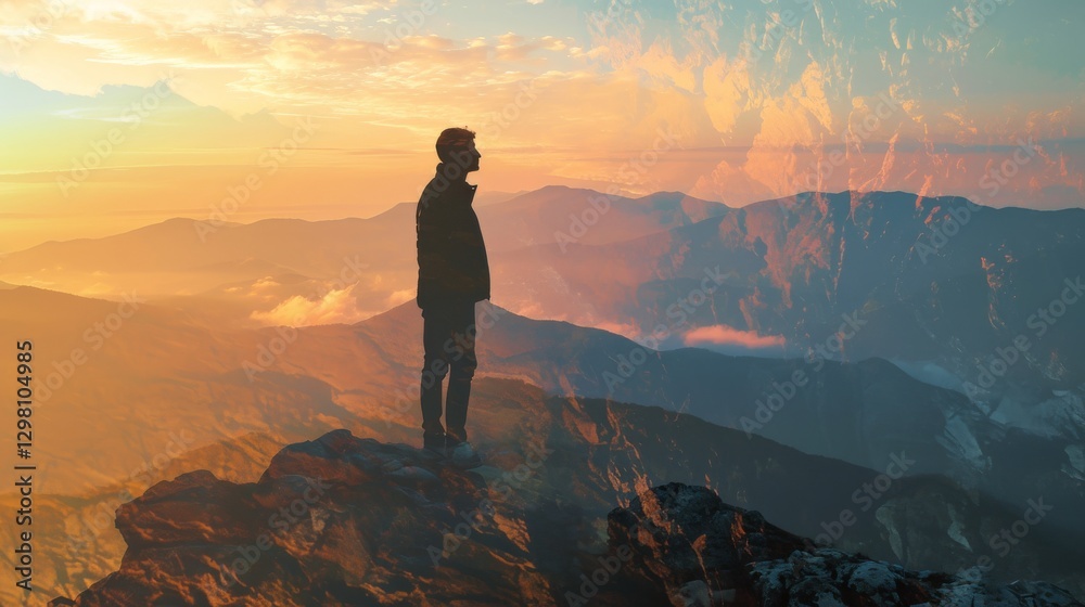 Fototapeta premium business male stand and feel happy on the most hight on the mountain, hiking, success, cliff, peak, business, success, successful, goal, victory, achievement, motivation,