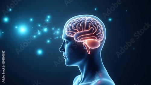 Transcranial Magnetic Stimulation. Brain is highlighted in blue image with stars