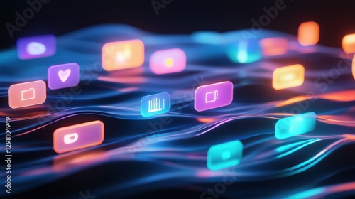 Colorful digital icons floating over a dynamic wave pattern in a modern abstract design. Generative AI