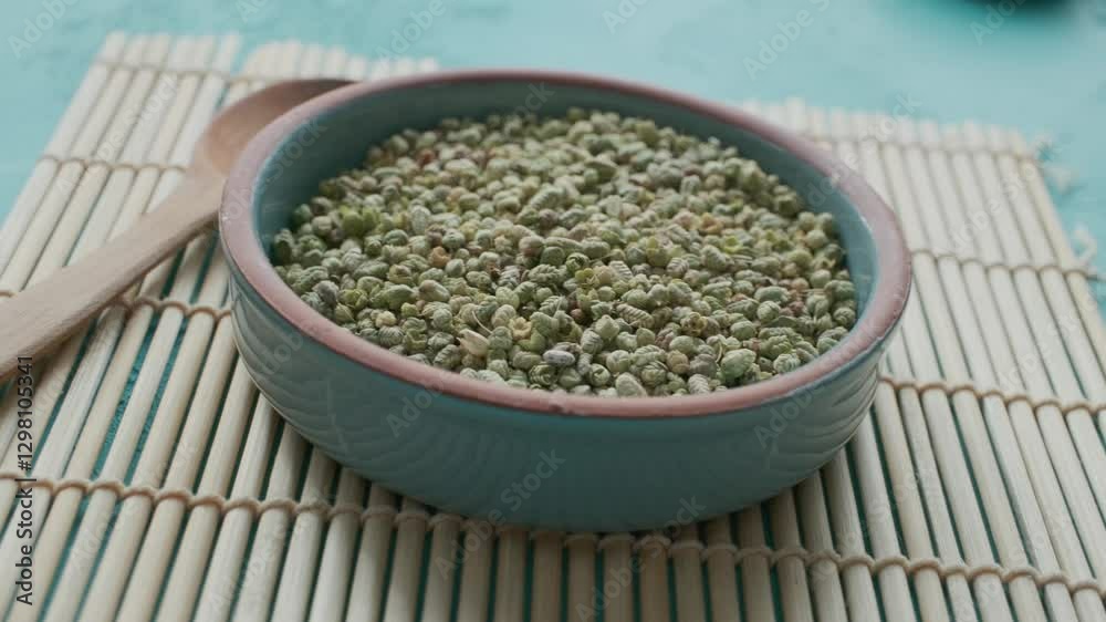 close up of fresh green thyme a blue bowl close up of fresh green thyme a blue bowl