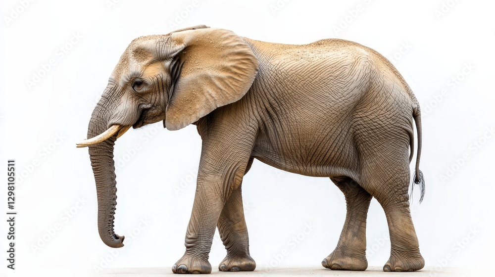 Fototapeta premium A majestic elephant, elegantly poised with its massive form veiled in rich, textured skin, glances over its shoulder while facing left. The gentle curve of its powerful legs hints at hidden strength a