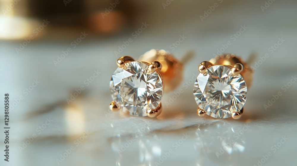 70. A close-up of a pair of gold earrings with sparkling diamonds, displayed on a marble surface 70. A close-up of a pair of gold earrings with sparkling diamonds, displayed on a marble surface