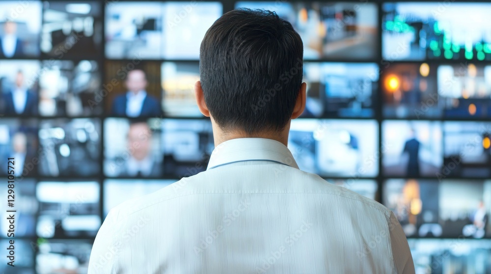 Security officer monitoring multiple surveillance screens at a bank digital environment professional viewpoint