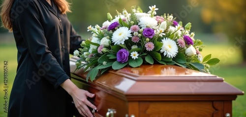 Woman in black dress stands near casket with floral arrangement. Grief, mourning, condolences for loss of loved one. Funeral service, religious tradition. Remembrance of life, celebration of life.