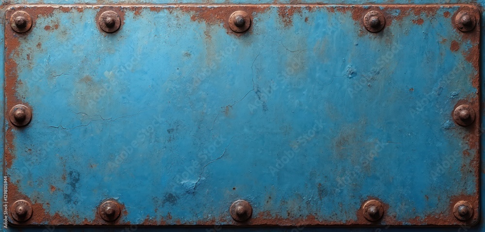 Weathered blue metal plate with rust around rivets adds distressed industrial touch to design projects. Rustic textured metallic surface is worn, vintage, damaged, ideal as abstract retro background. Weathered blue metal plate with rust around rivets adds distressed industrial touch to design projects. Rustic textured metallic surface is worn, vintage, damaged, ideal as abstract retro background.