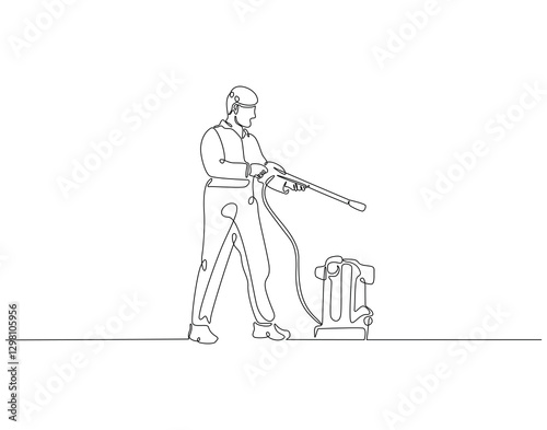Continuous line drawing of worker use pressure washer machine. Single line illustration of man hold pressure washer. Worker, cleaner concept. Editable outline
