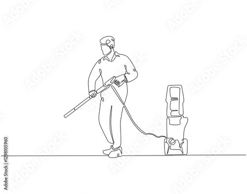 Continuous line drawing of worker use pressure washer machine. Single line illustration of man hold pressure washer. Worker, cleaner concept. Editable outline