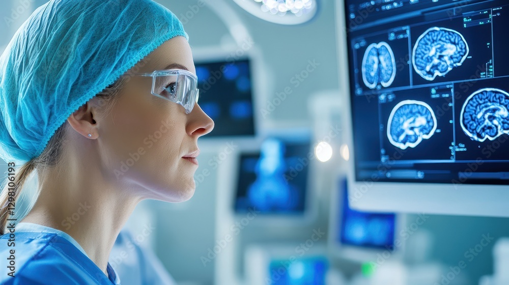 Female Surgeon Analyzing Brain Scans On Monitor Female Surgeon Analyzing Brain Scans On Monitor