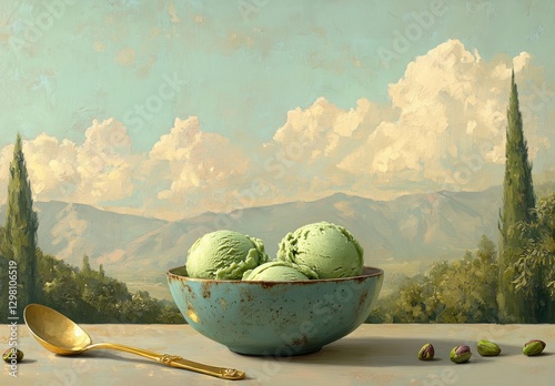 Refreshing green pistachio ice cream in a rustic bowl with a golden spoon against a dreamy landscape and scenic clouds in a serene atmosphere
