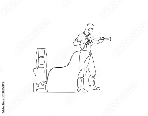 Continuous line drawing of worker use pressure washer machine. Single line illustration of man hold pressure washer. Worker, cleaner concept. Editable outline