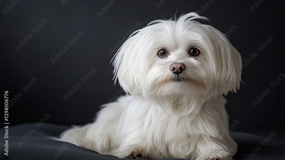 Cute white Maltese dog in a studio Happy Maltese sitting with long hair Cute white Maltese dog in a studio Happy Maltese sitting with long hair