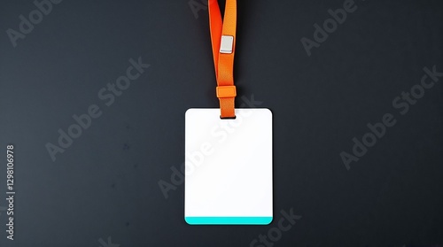Blank vertical plastic mockup on dark background. Empty badge name tag hanging on neck.