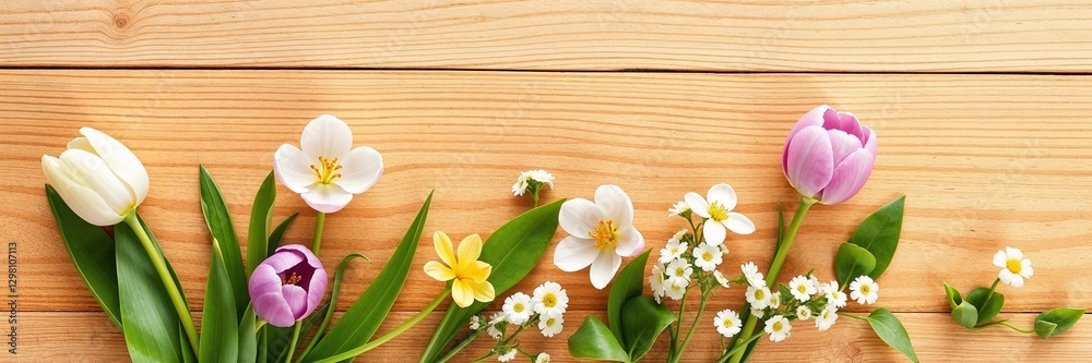 Spring concept, banner or background. Spring flowers: tulips and forget-me-nots in pastel colors on a rustic wooden plank background. Spring concept, banner or background. Spring flowers: tulips and forget-me-nots in pastel colors on a rustic wooden plank background.