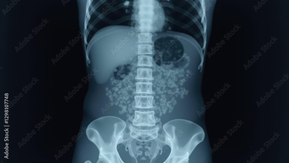 Abdominal X-Ray. Skeleton of woman with large bone in middle of her body Abdominal X-Ray. Skeleton of woman with large bone in middle of her body