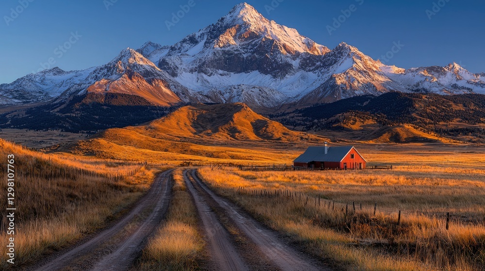 Obraz premium Dirt road leads toward a rustic red barn in a golden grassy field under a majestic snow-capped mountain peak during sunset.