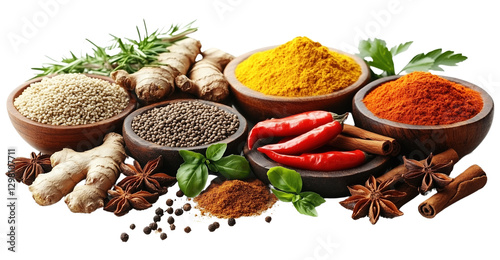 assortment of spices and herbs including ginger, turmeric, chili, and cinnamon arranged in wooden bowls, showcasing vibrant colors and textures, perfect for culinary use