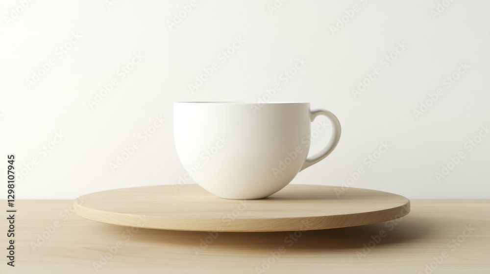 Minimalist White Cup on Wooden Plate in Modern Home Setting Minimalist White Cup on Wooden Plate in Modern Home Setting