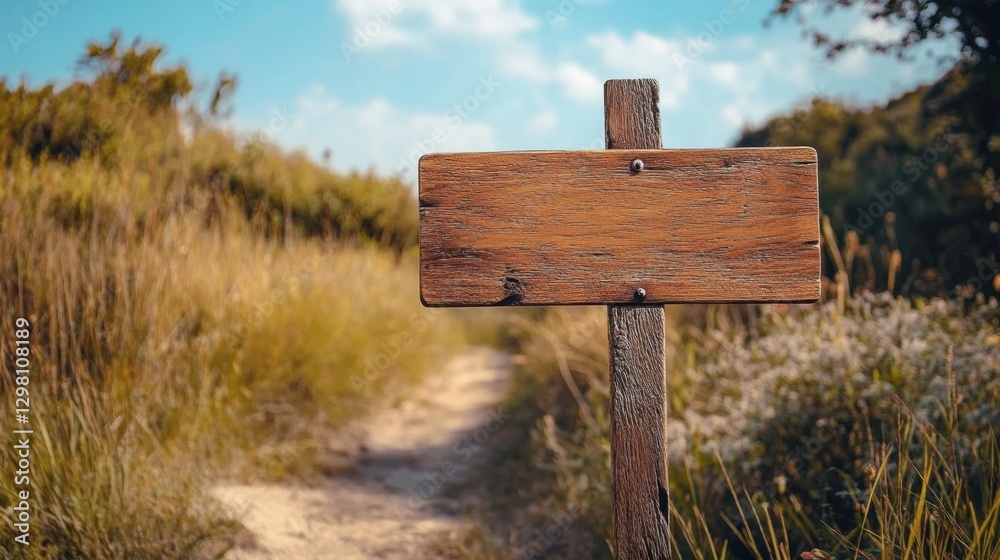 Rustic Wooden Sign on a Nature Pathway Surrounded by Greenery Rustic Wooden Sign on a Nature Pathway Surrounded by Greenery
