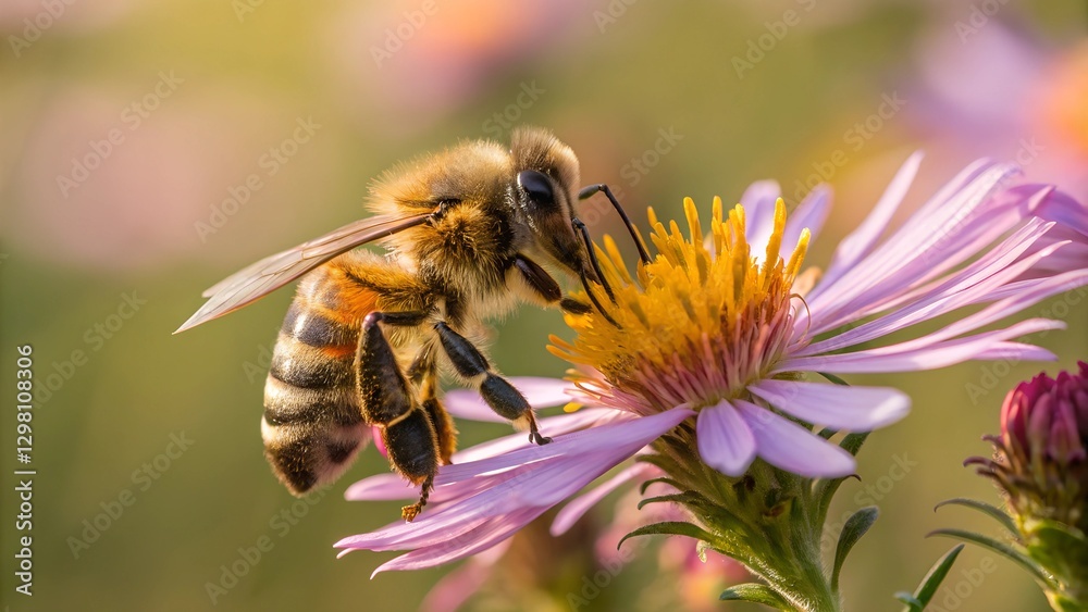 Bee on Flower's Embrace: a honeybee diligently collects nectar and pollen from a vibrant purple flower, highlighting the essential bond between these creatures and the ecosystem. Bee on Flower's Embrace: a honeybee diligently collects nectar and pollen from a vibrant purple flower, highlighting the essential bond between these creatures and the ecosystem.