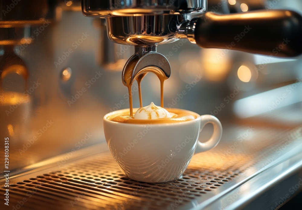 Rich Espresso Flowing from Coffee Maker into White Cup with Golden Cream on Top, Capturing Coffee Culture and Barista Craftsmanship Rich Espresso Flowing from Coffee Maker into White Cup with Golden Cream on Top, Capturing Coffee Culture and Barista Craftsmanship