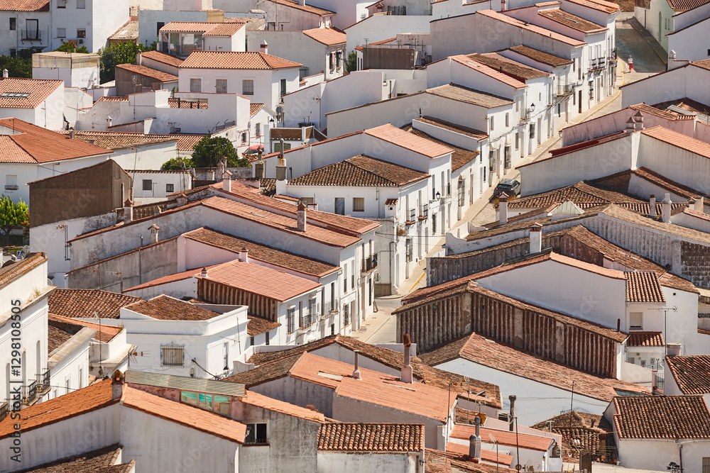 Spanish whitewashed facades and tile roofs. Aracena, Huelva. Extremadura