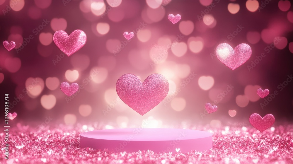Floating Glittering Hearts on Pink Background for Romantic Themes Floating Glittering Hearts on Pink Background for Romantic Themes