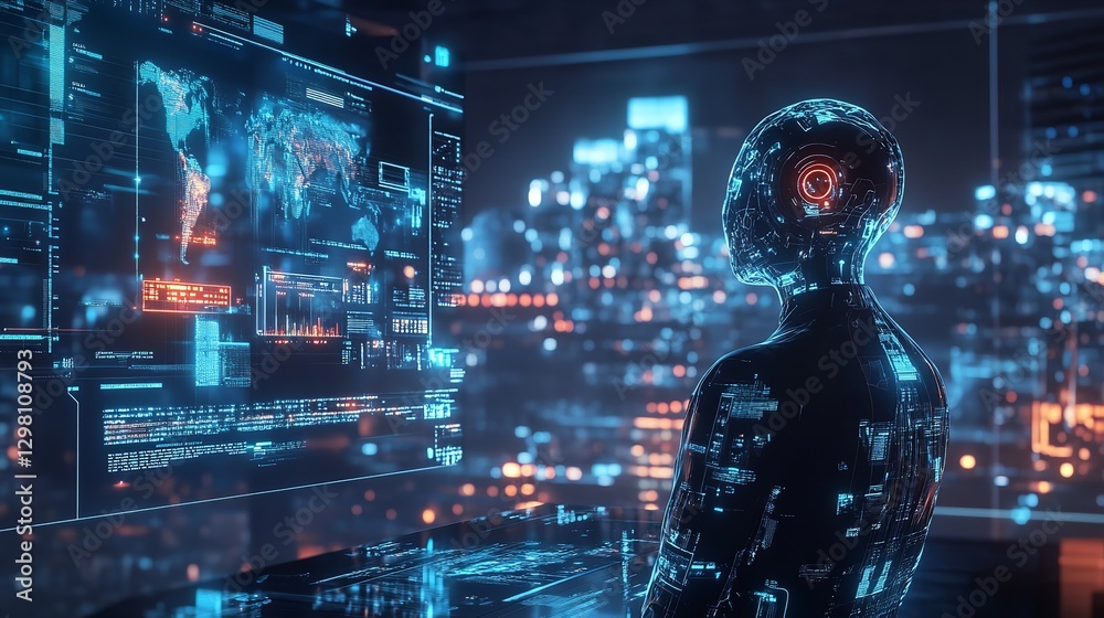 Futuristic Robot Analyzing Global Data Network Digital Screen Interface Technology Artificial Intelligence Cityscape Background AI Futuristic Robot Analyzing Global Data Network Digital Screen Interface Technology Artificial Intelligence Cityscape Background AI