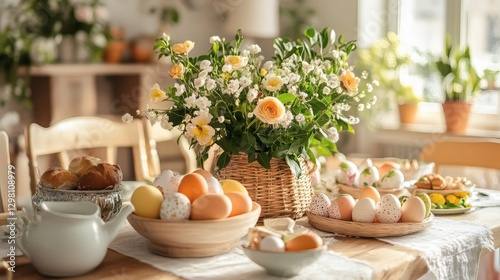 Wallpaper Mural Festive Easter table setting with eggs, flowers, bread, and a tea pot, creating a celebratory atmosphere. Torontodigital.ca