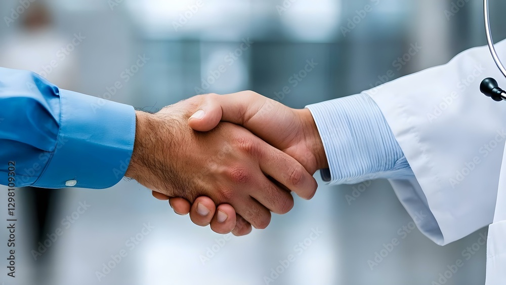A handshake between two individuals, one in a blue shirt and the other in a white lab coat, suggesting a professional or medical context. Concept Professional Collaboration, Medical Partnership A handshake between two individuals, one in a blue shirt and the other in a white lab coat, suggesting a professional or medical context. Concept Professional Collaboration, Medical Partnership