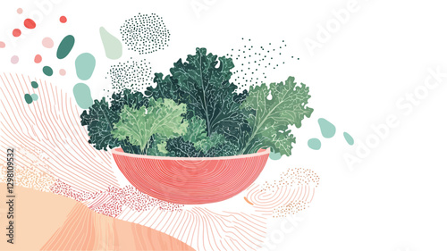 An illustration depicting a coral-colored bowl overflowing with dark green kale leaves. The style is painterly, with soft watercolor-like washes in peach and teal tones forming an abstract