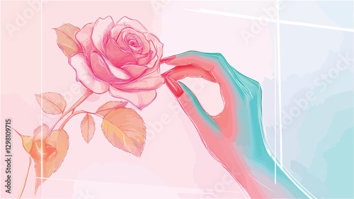 The image is a stylized illustration or digital painting of a hand delicately touching a pink rose.  The style is soft and dreamy, with pastel colors dominating the palette.  The rose is depicted