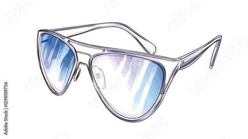 A digital illustration of a pair of sunglasses with a modern, angular frame. The frame appears to be silver or light grey, and the lenses exhibit a gradient effect transitioning from a darker blue